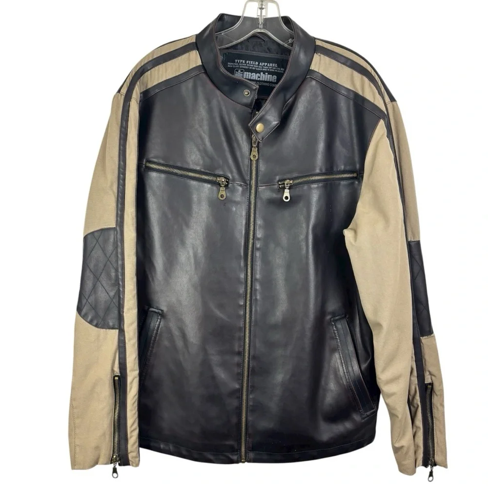 Machine Faux Leather Two-Tone Black and Tan Bomber/Biker Jacket Size L Outdoor